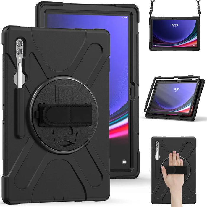 For Samsung Galaxy Tab S10 Ultra X920 / S9 Ultra X910 / S8 Ultra X900 / X906 PC+Silicone Tablet Case Hand Band Kickstand with Shoulder Strap - Black - 7