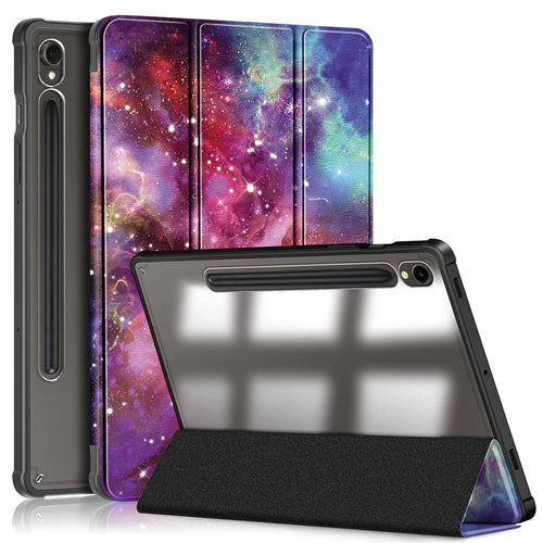 For Samsung Galaxy Tab S9 (SM-X710 / SM-X716B / SM-X718U) Tri-fold Stand Tablet Case Pattern Printing PU+TPU+Acrylic Protective Cover with Pen Slot - Galaxy - 1