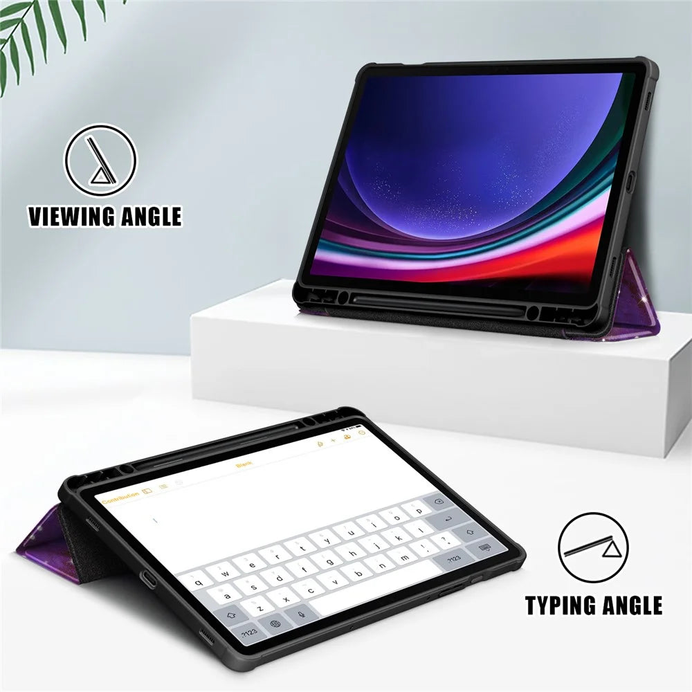 For Samsung Galaxy Tab S9 (SM-X710 / SM-X716B / SM-X718U) Tri-fold Stand Tablet Case Pattern Printing PU+TPU+Acrylic Protective Cover with Pen Slot - Galaxy - 3