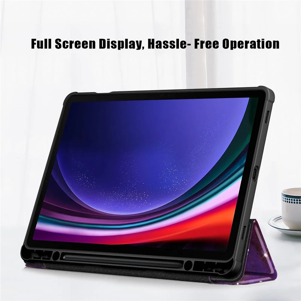For Samsung Galaxy Tab S9 (SM-X710 / SM-X716B / SM-X718U) Tri-fold Stand Tablet Case Pattern Printing PU+TPU+Acrylic Protective Cover with Pen Slot - Galaxy - 5