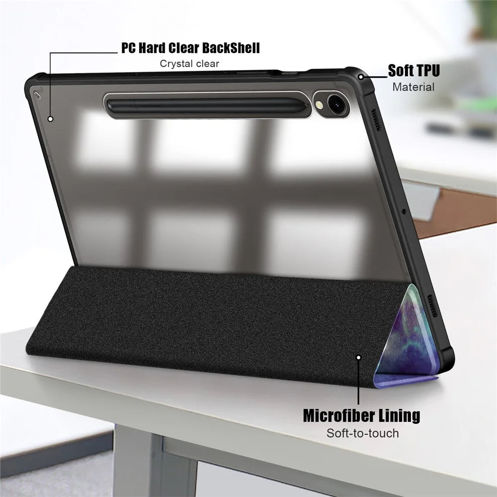 For Samsung Galaxy Tab S9 (SM-X710 / SM-X716B / SM-X718U) Tri-fold Stand Tablet Case Pattern Printing PU+TPU+Acrylic Protective Cover with Pen Slot - Galaxy - 6