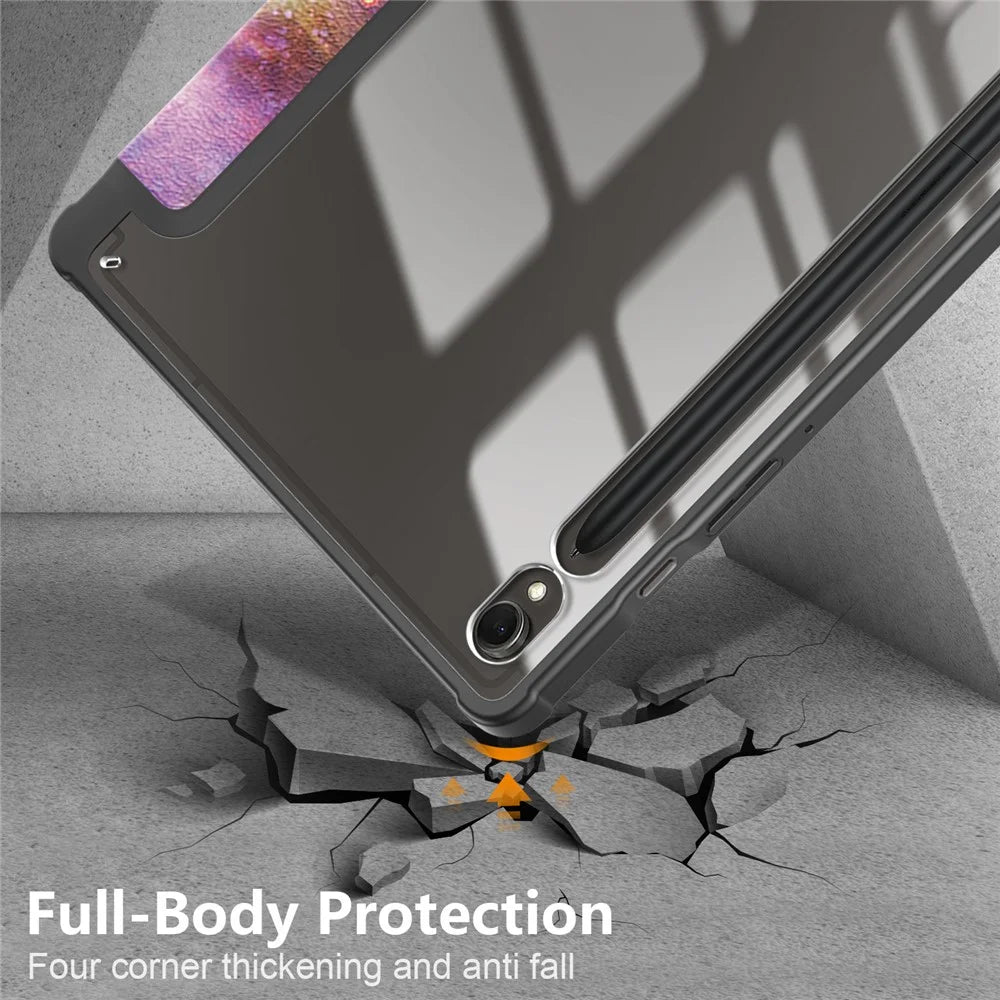 For Samsung Galaxy Tab S9 (SM-X710 / SM-X716B / SM-X718U) Tri-fold Stand Tablet Case Pattern Printing PU+TPU+Acrylic Protective Cover with Pen Slot - Galaxy - 7