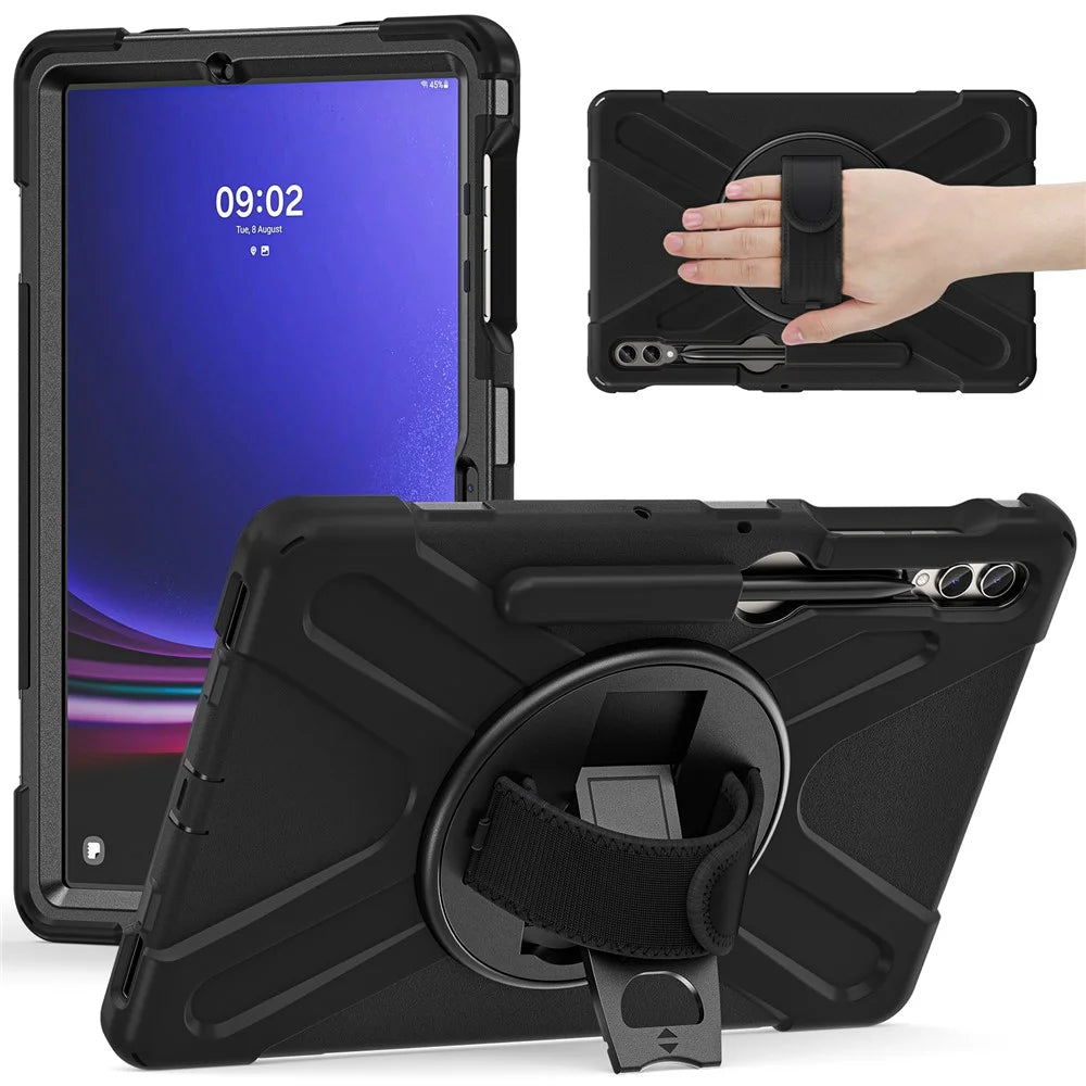For Samsung Galaxy Tab S10+ X826 / S9 FE+ / S9+ / S8+ / S7+ Wrist Strap Tablet Case Anti-Scratch PC+Silicone Kickstand Cover - Black - 1
