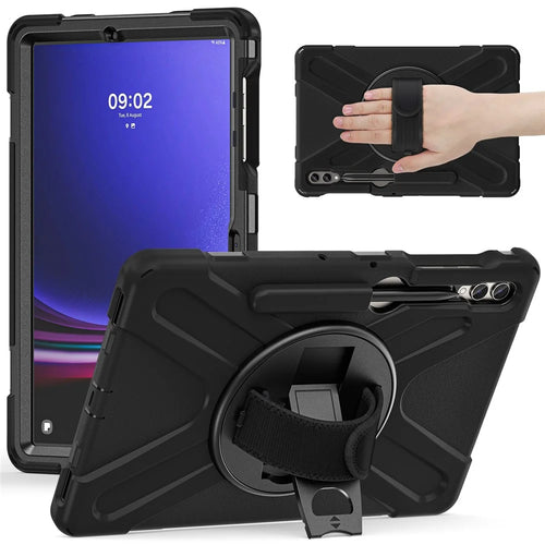 For Samsung Galaxy Tab S10+ X826 / S9 FE+ / S9+ / S8+ / S7+ Wrist Strap Tablet Case Anti-Scratch PC+Silicone Kickstand Cover - Black - 1