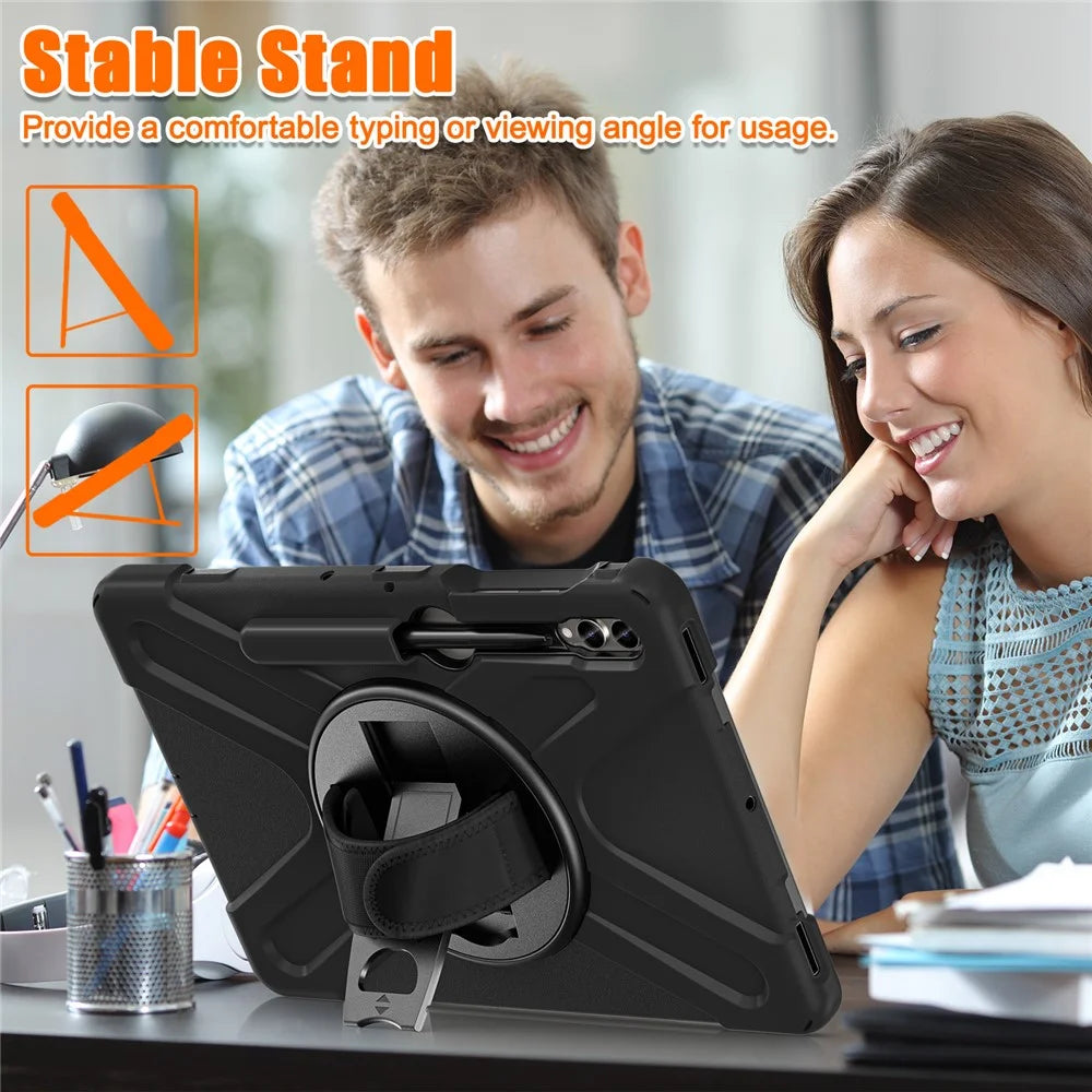 For Samsung Galaxy Tab S10+ X826 / S9 FE+ / S9+ / S8+ / S7+ Wrist Strap Tablet Case Anti-Scratch PC+Silicone Kickstand Cover - Black - 7