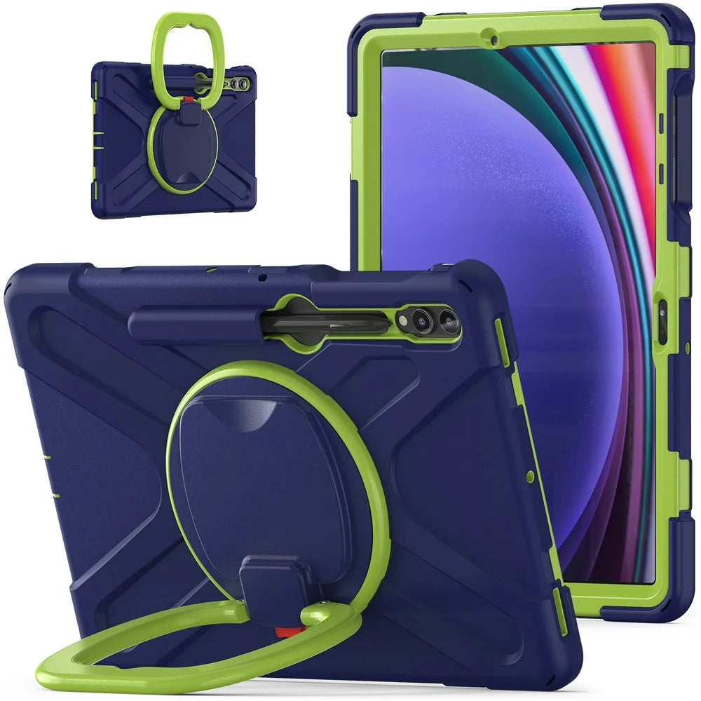 For Samsung Galaxy Tab S10+ X826 / S9 FE+ / S9+ / S8+ / S7+ PC+Silicone Protective Case Rotating Kickstand Rugged Tablet Cover with Handle Design - Navy Blue Yellowgreen - 1