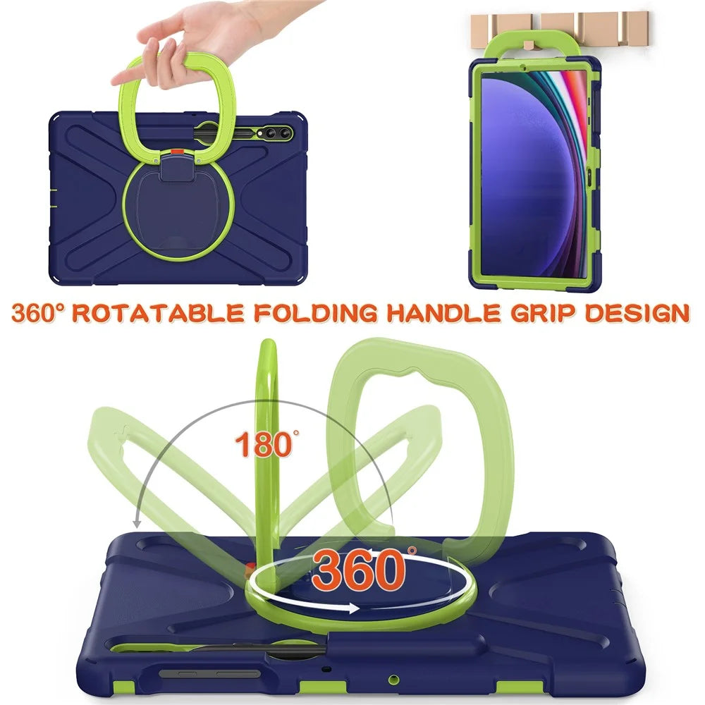 For Samsung Galaxy Tab S10+ X826 / S9 FE+ / S9+ / S8+ / S7+ PC+Silicone Protective Case Rotating Kickstand Rugged Tablet Cover with Handle Design - Navy Blue Yellowgreen - 2