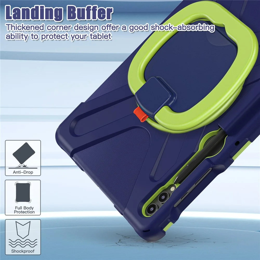 For Samsung Galaxy Tab S10+ X826 / S9 FE+ / S9+ / S8+ / S7+ PC+Silicone Protective Case Rotating Kickstand Rugged Tablet Cover with Handle Design - Navy Blue Yellowgreen - 3