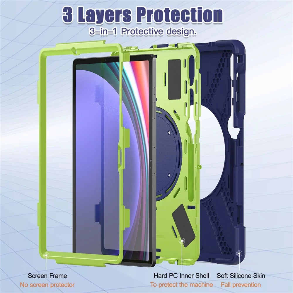 For Samsung Galaxy Tab S10+ X826 / S9 FE+ / S9+ / S8+ / S7+ PC+Silicone Protective Case Rotating Kickstand Rugged Tablet Cover with Handle Design - Navy Blue Yellowgreen - 4