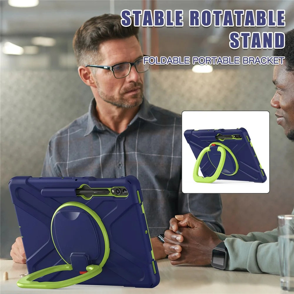 For Samsung Galaxy Tab S10+ X826 / S9 FE+ / S9+ / S8+ / S7+ PC+Silicone Protective Case Rotating Kickstand Rugged Tablet Cover with Handle Design - Navy Blue Yellowgreen - 5