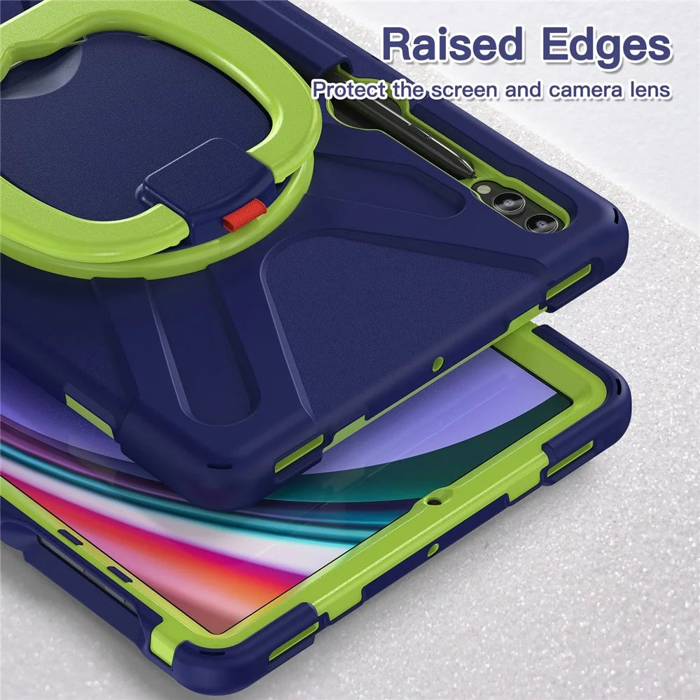 For Samsung Galaxy Tab S10+ X826 / S9 FE+ / S9+ / S8+ / S7+ PC+Silicone Protective Case Rotating Kickstand Rugged Tablet Cover with Handle Design - Navy Blue Yellowgreen - 7