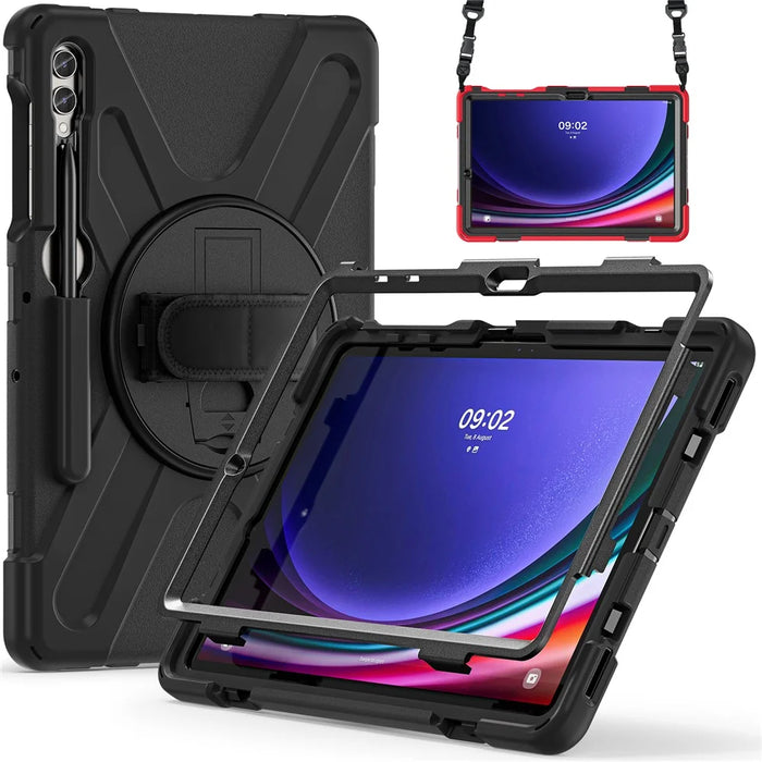 For Samsung Galaxy Tab S10 FE / S10+ X826 / S9 FE+ / S9+ / S8+ / S7 FE / S7+ PC+Silicone Tablet Case Kickstand with Shoulder Strap - Black - 2