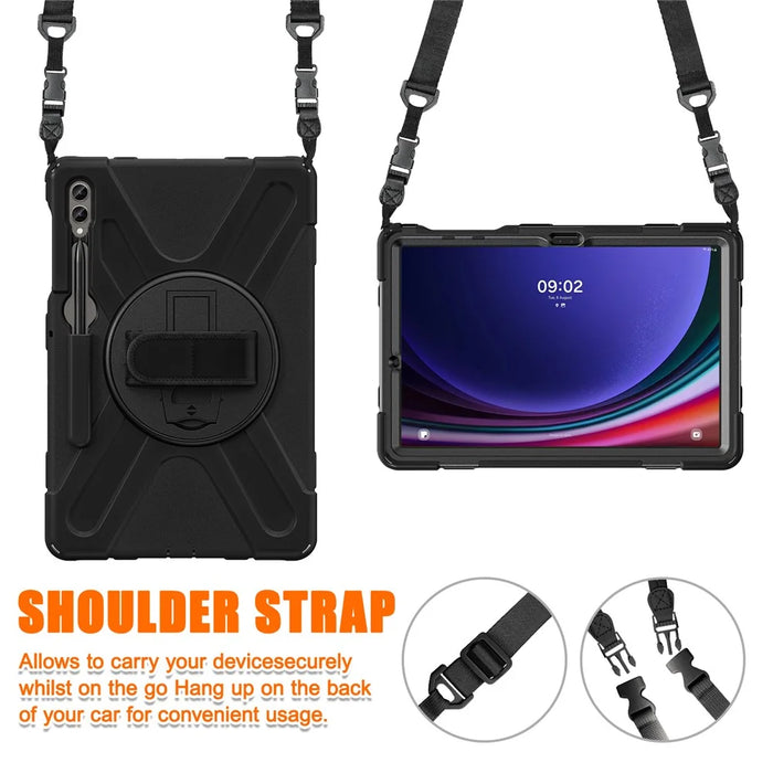 For Samsung Galaxy Tab S10 FE / S10+ X826 / S9 FE+ / S9+ / S8+ / S7 FE / S7+ PC+Silicone Tablet Case Kickstand with Shoulder Strap - Black - 3