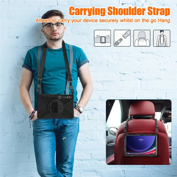 For Samsung Galaxy Tab S10 FE / S10+ X826 / S9 FE+ / S9+ / S8+ / S7 FE / S7+ PC+Silicone Tablet Case Kickstand with Shoulder Strap - Black - 5