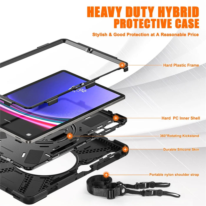 For Samsung Galaxy Tab S10 FE / S10+ X826 / S9 FE+ / S9+ / S8+ / S7 FE / S7+ PC+Silicone Tablet Case Kickstand with Shoulder Strap - Black - 6