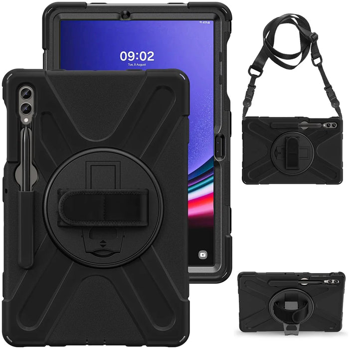 For Samsung Galaxy Tab S10 FE / S10+ X826 / S9 FE+ / S9+ / S8+ / S7 FE / S7+ PC+Silicone Tablet Case Kickstand with Shoulder Strap - Black - 7