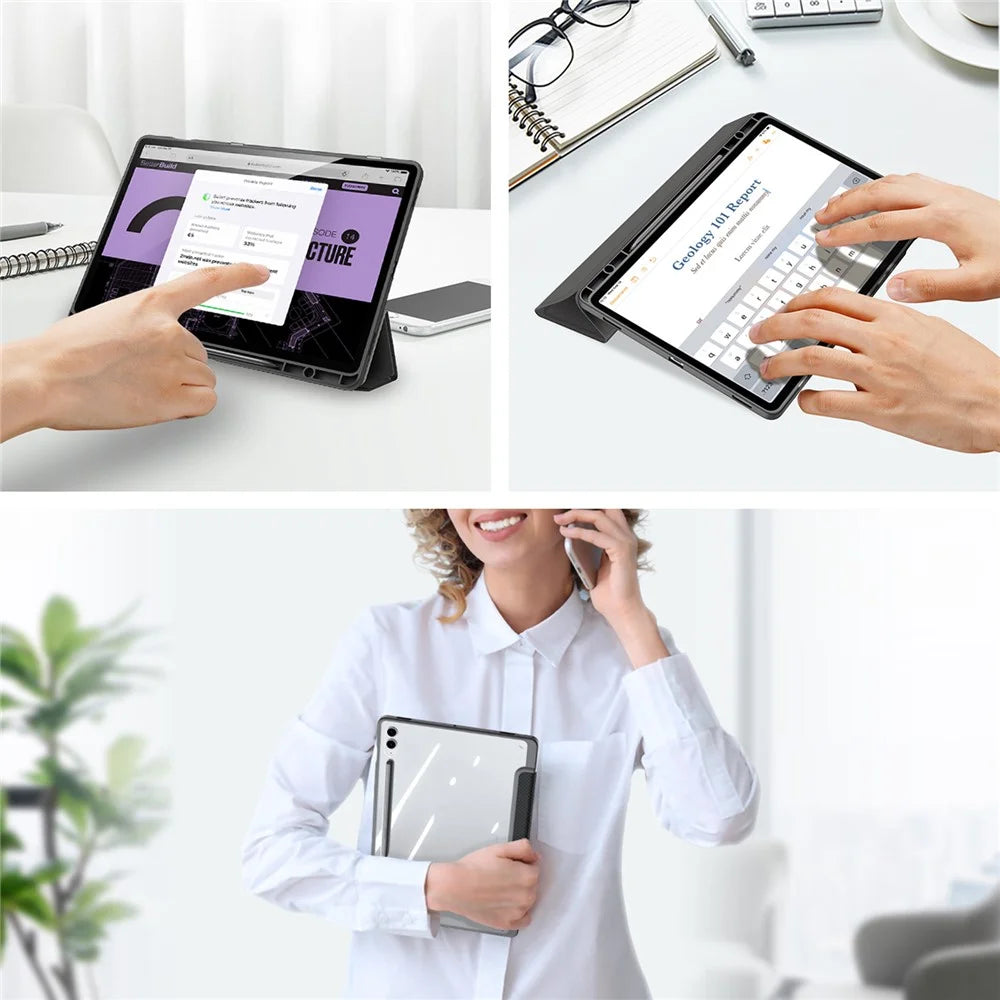 DUX DUCIS TOBY Series For Samsung Galaxy Tab S9 FE+ Tablet Leather Case Tri-fold Stand Cover with Pen Slot - Black - 5
