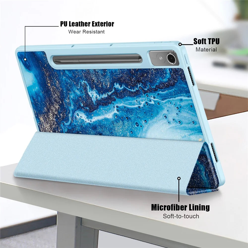 For Lenovo Lenovo Tab P12 TB371FC Pattern Printing Tri-fold Stand Tablet Cover PU Leather +TPU Tablet Case - Sea Wave - 6