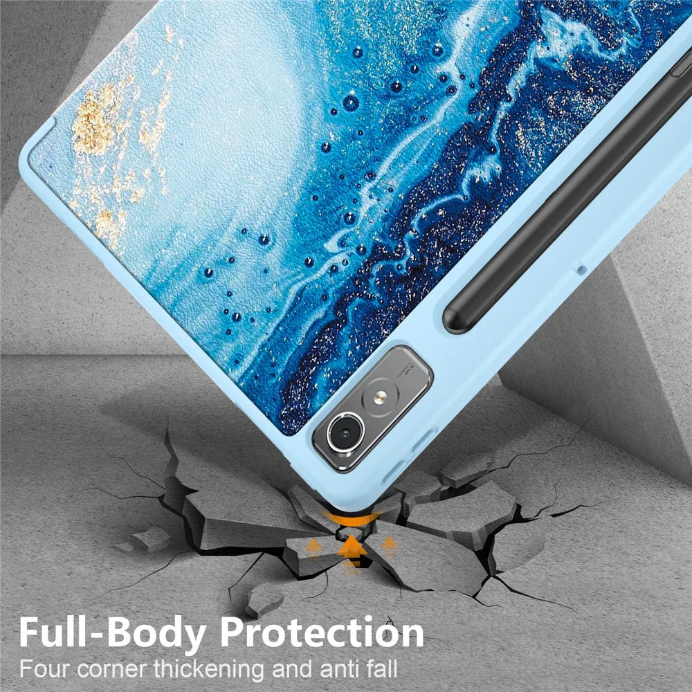 For Lenovo Lenovo Tab P12 TB371FC Pattern Printing Tri-fold Stand Tablet Cover PU Leather +TPU Tablet Case - Sea Wave - 7