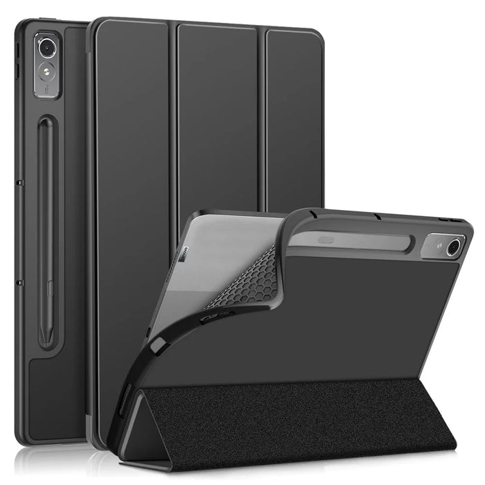 For Lenovo Tab P12 / P12 Pro Gen 2 TB371FC Trifold Stand Solid Color Smart Case PU Leather+TPU Tablet Cover - Black - 1