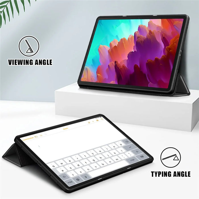 For Lenovo Tab P12 / P12 Pro Gen 2 TB371FC Trifold Stand Solid Color Smart Case PU Leather+TPU Tablet Cover - Black - 3