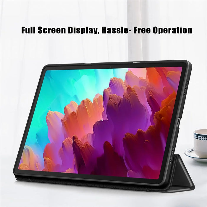 For Lenovo Tab P12 / P12 Pro Gen 2 TB371FC Trifold Stand Solid Color Smart Case PU Leather+TPU Tablet Cover - Black - 5