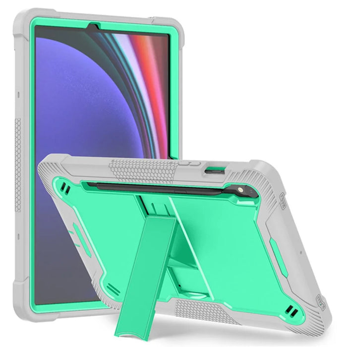 Kickstand Case for Samsung Galaxy Tab S10 FE / S9 FE / S9 Fall Protection Silicone + PC Tablet Cover - Grey+Mint Green - 1