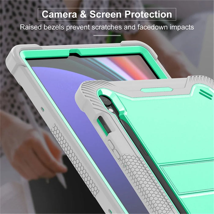 Kickstand Case for Samsung Galaxy Tab S10 FE / S9 FE / S9 Fall Protection Silicone + PC Tablet Cover - Grey+Mint Green - 3