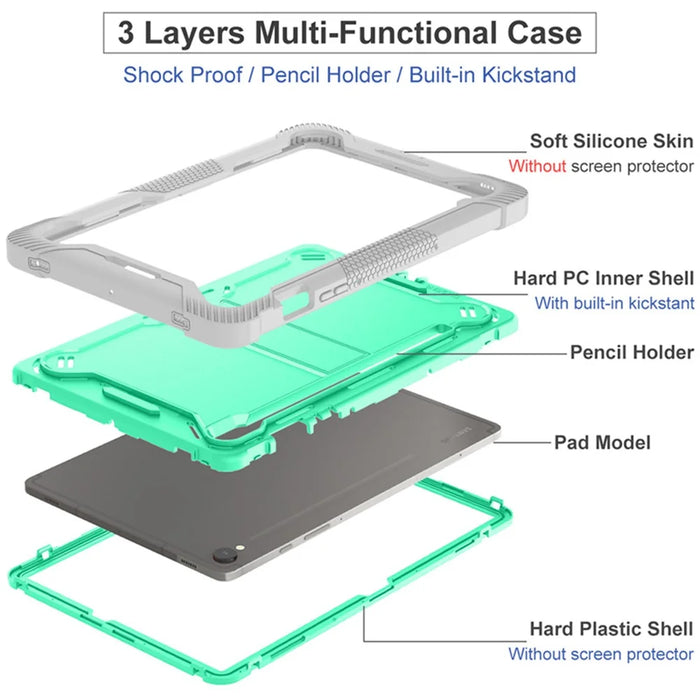 Kickstand Case for Samsung Galaxy Tab S10 FE / S9 FE / S9 Fall Protection Silicone + PC Tablet Cover - Grey+Mint Green - 5