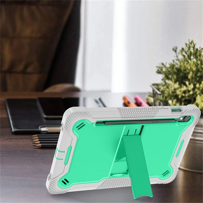 Kickstand Case for Samsung Galaxy Tab S10 FE / S9 FE / S9 Fall Protection Silicone + PC Tablet Cover - Grey+Mint Green - 7