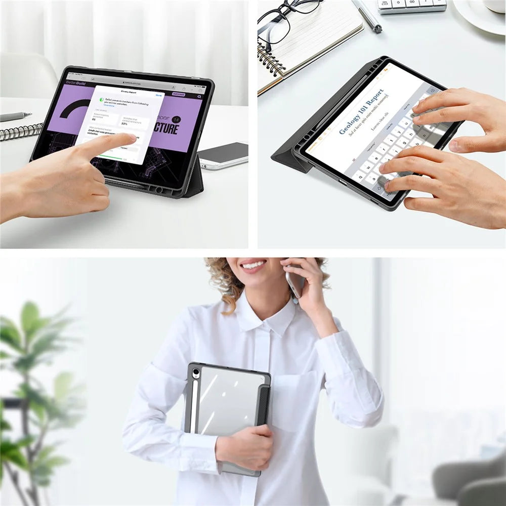 DUX DUCIS TOBY Series For Samsung Galaxy Tab S10 Lite / S10 FE / S9 FE / S9 Tablet Leather Case Tri-Fold Stand Pen Slot Cover - Black - 4