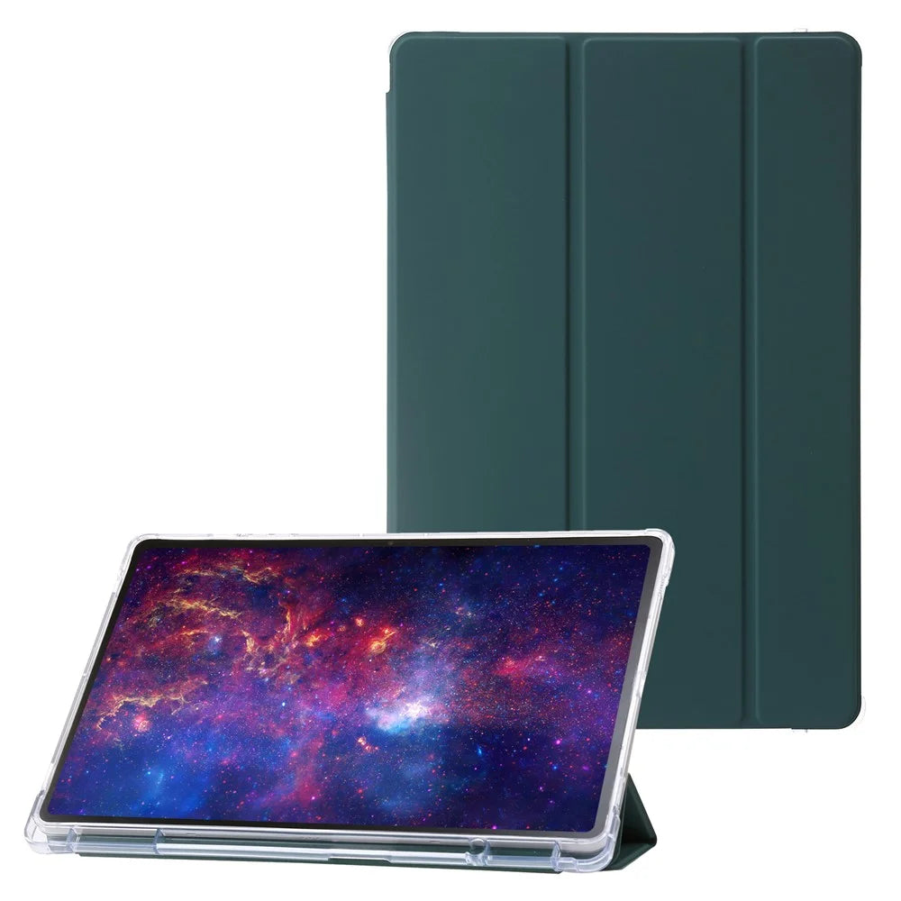 For Samsung Galaxy Tab S9+ Tri-fold Stand Smart Cover PU Leather+Acrylic+TPU Transparent Tablet Case - Midnight Green - 1