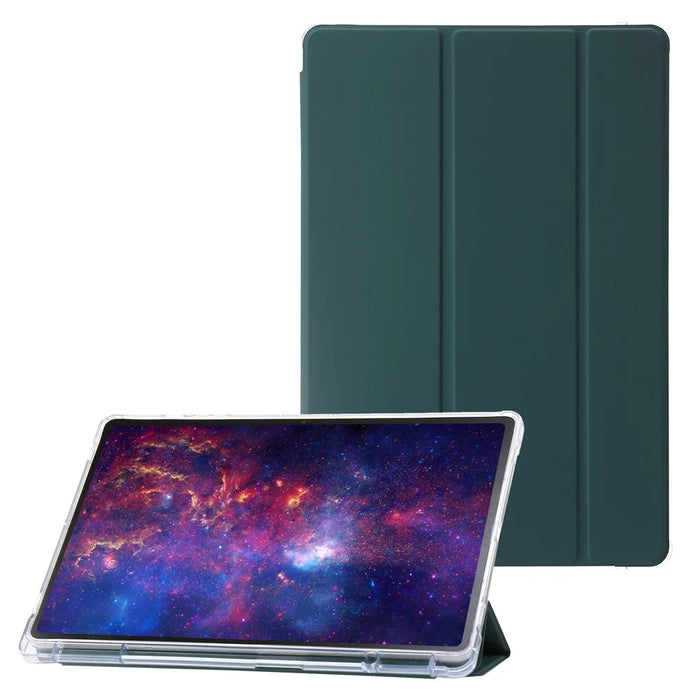 For Samsung Galaxy Tab S9+ Tri-fold Stand Smart Cover PU Leather+Acrylic+TPU Transparent Tablet Case - Midnight Green - 1