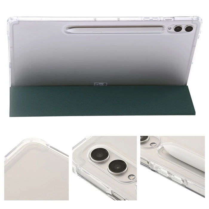 For Samsung Galaxy Tab S9+ Tri-fold Stand Smart Cover PU Leather+Acrylic+TPU Transparent Tablet Case - Midnight Green - 4