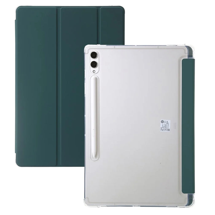 For Samsung Galaxy Tab S9+ Tri-fold Stand Smart Cover PU Leather+Acrylic+TPU Transparent Tablet Case - Midnight Green - 7