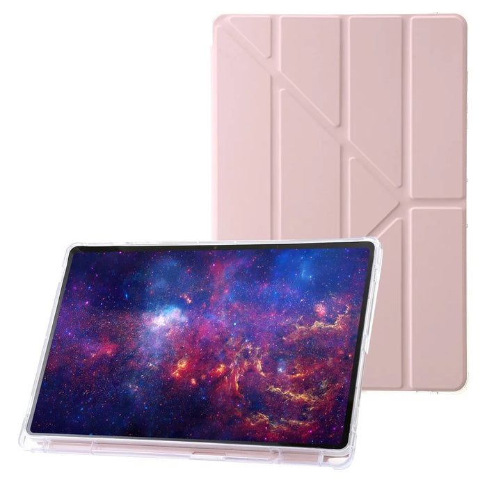 For Samsung Galaxy Tab S9+ Origami Tri-fold Stand Cover PU Leather+Acrylic+TPU Auto Wake / Sleep Tablet Case - Pink - 1