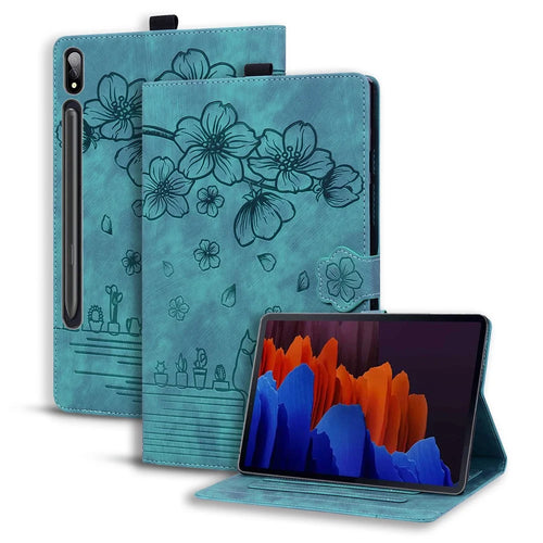 For Samsung Galaxy Tab S9+ PU Leather Card Holder Cover Flower Cat Imprinted Tablet Stand Case - Green - 1