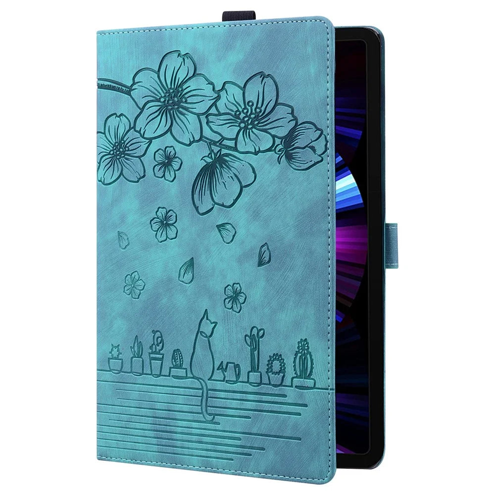 For Samsung Galaxy Tab S9+ PU Leather Card Holder Cover Flower Cat Imprinted Tablet Stand Case - Green - 7