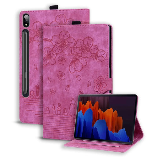For Samsung Galaxy Tab S9 Ultra Leather Stand Cover Flower Cat Imprinted Tablet Case with Card Slots - Rose - 1