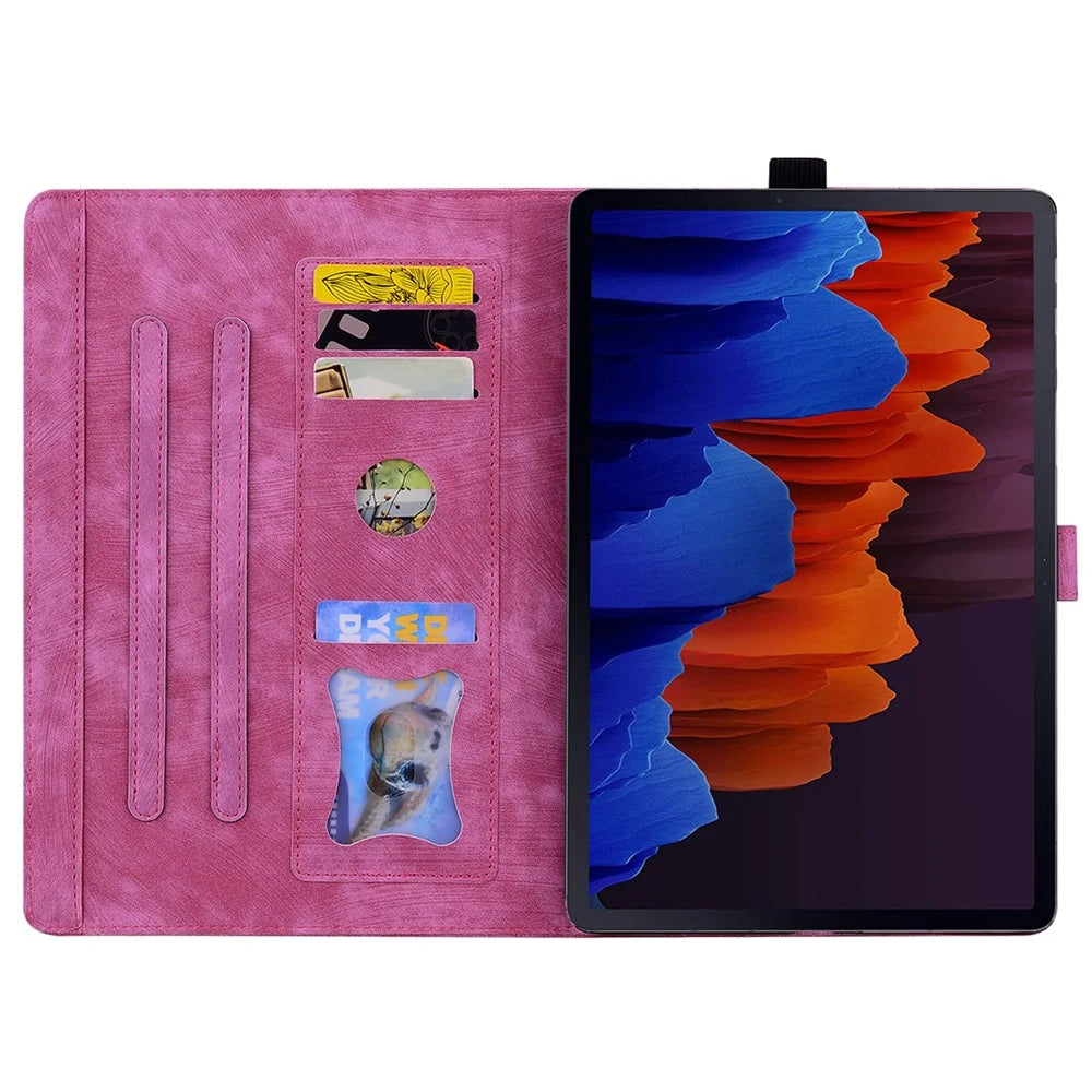 For Samsung Galaxy Tab S9 Ultra Leather Stand Cover Flower Cat Imprinted Tablet Case with Card Slots - Rose - 2