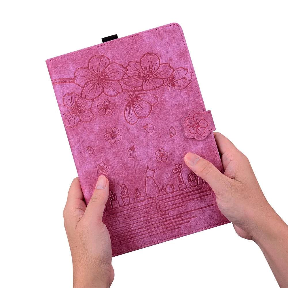 For Samsung Galaxy Tab S9 Ultra Leather Stand Cover Flower Cat Imprinted Tablet Case with Card Slots - Rose - 6