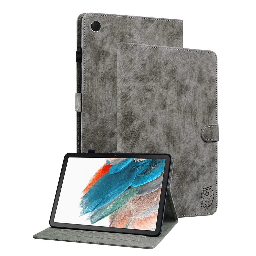 For Samsung Galaxy Tab A9+ Cute Tiger Imprinted Tablet Case PU Leather Card Holder Stand Cover - Grey - 1