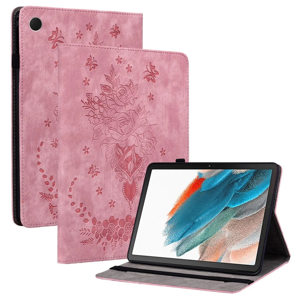 For Samsung Galaxy Tab A9+ PU Leather Card Holder Tablet Cover Butterfly Rose Imprinted Stand Case - Pink - 1