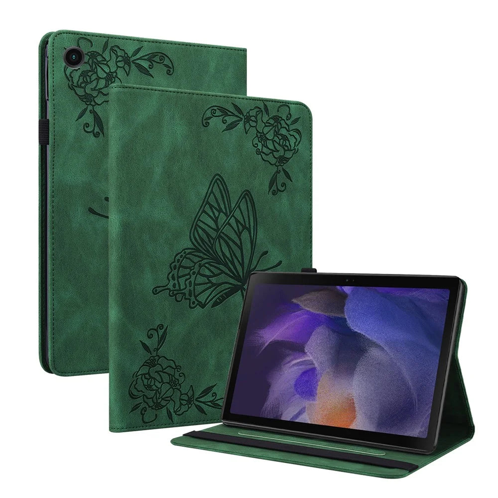 For Samsung Galaxy Tab A9+ Card Holder Tablet Case PU Leather Butterfly Flower Imprinted Stand Cover - Green - 1