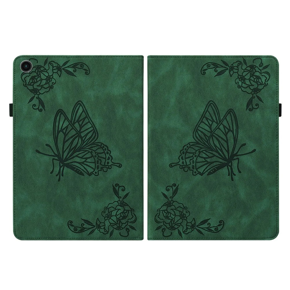For Samsung Galaxy Tab A9+ Card Holder Tablet Case PU Leather Butterfly Flower Imprinted Stand Cover - Green - 2
