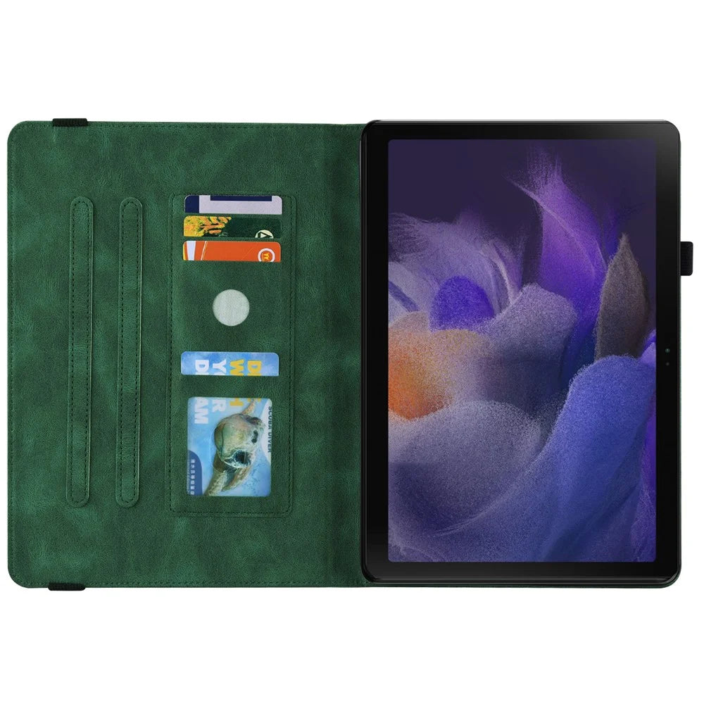 For Samsung Galaxy Tab A9+ Card Holder Tablet Case PU Leather Butterfly Flower Imprinted Stand Cover - Green - 3