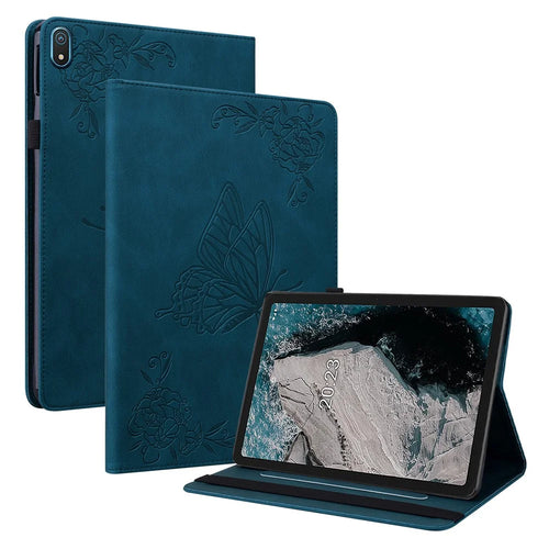 Anti-drop Tablet Case for Nokia T20 PU Leather Butterfly Flower Imprinted Card Holder Stand Cover - Dark Blue - 1