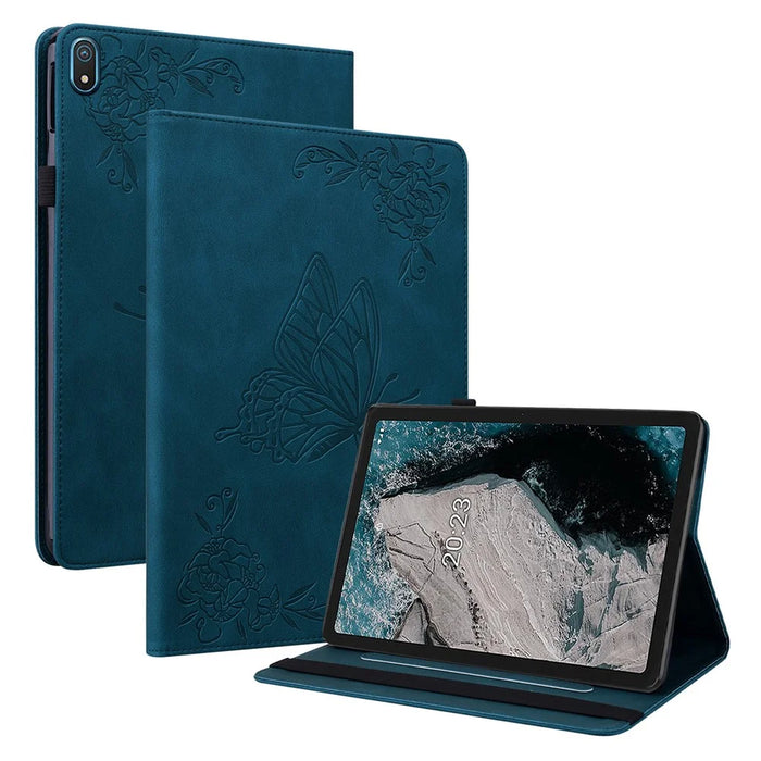 Anti-drop Tablet Case for Nokia T20 PU Leather Butterfly Flower Imprinted Card Holder Stand Cover - Dark Blue - 1
