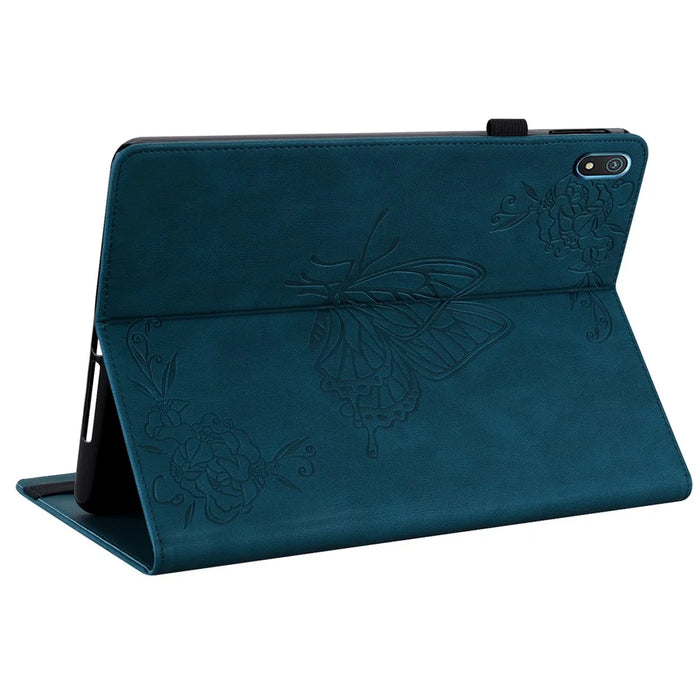 Anti-drop Tablet Case for Nokia T20 PU Leather Butterfly Flower Imprinted Card Holder Stand Cover - Dark Blue - 3