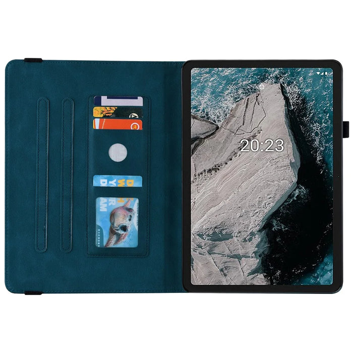 Anti-drop Tablet Case for Nokia T20 PU Leather Butterfly Flower Imprinted Card Holder Stand Cover - Dark Blue - 4